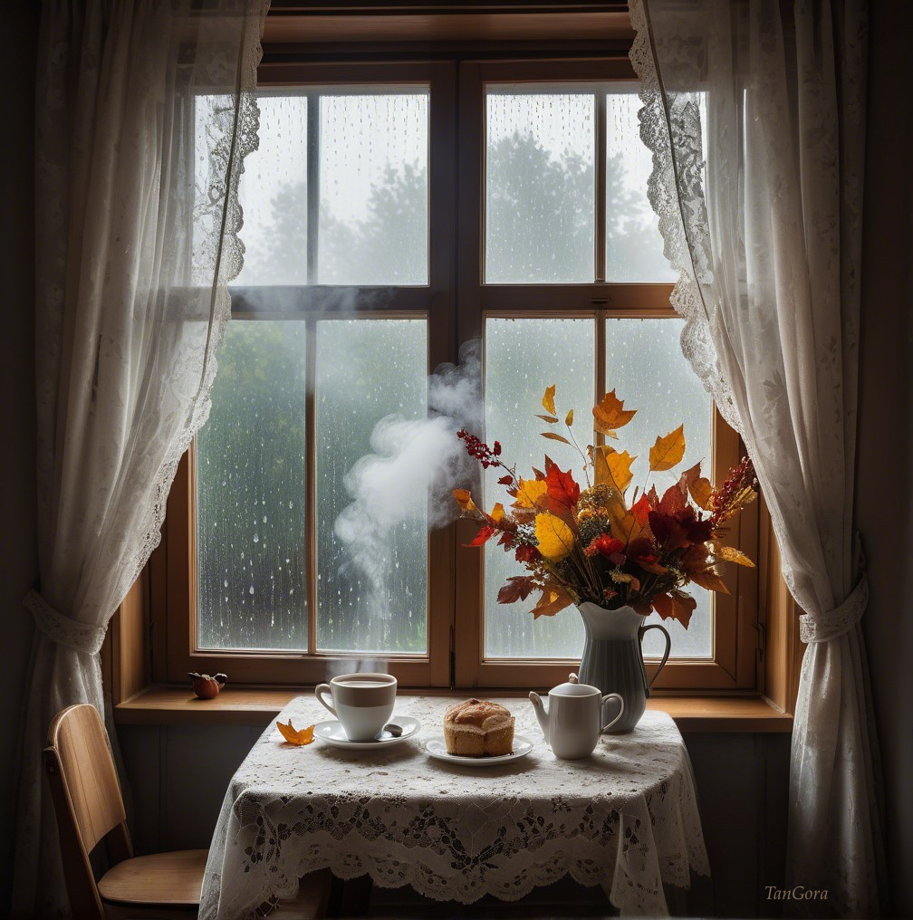 Cozy Table Setting by Rainy Window with Tea and Cake