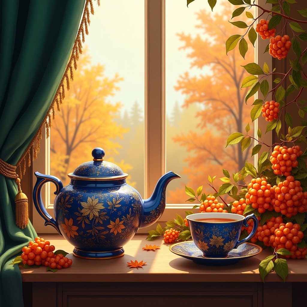 Elegant Table Setting with Floral Teapot and Autumn View