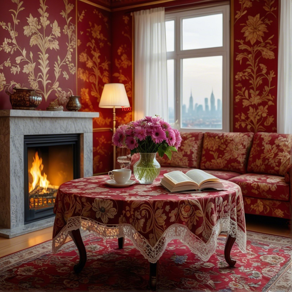 Cozy living room with floral wallpaper and city view