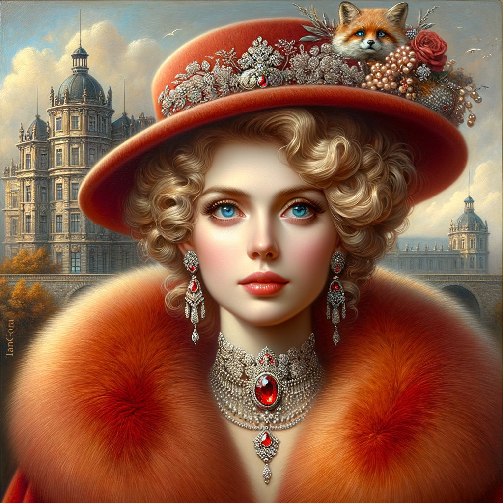 Elegant Woman in Orange Hat with Luxurious Fur Collar