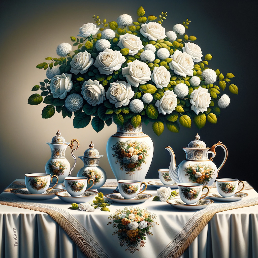 Elegant Tea Set with Floral Designs and White Roses