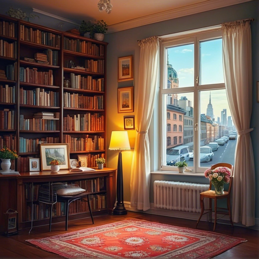 Cozy Room with Bookshelves and City View