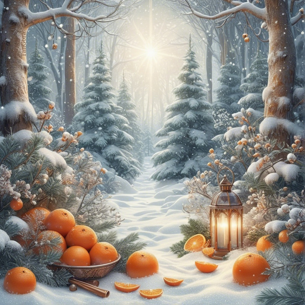 Winter Landscape with Snow-Covered Path and Oranges