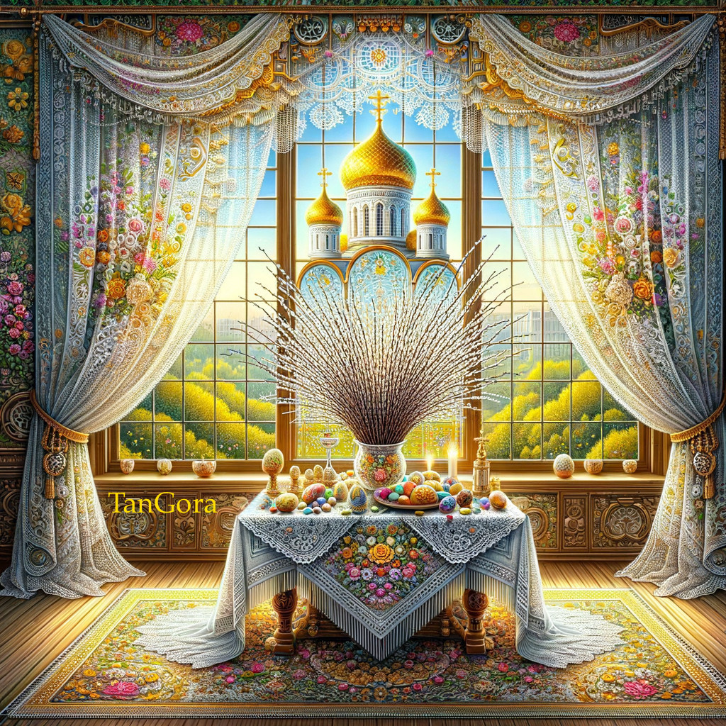 Vibrant Artwork of Ornate Table with Decorated Eggs