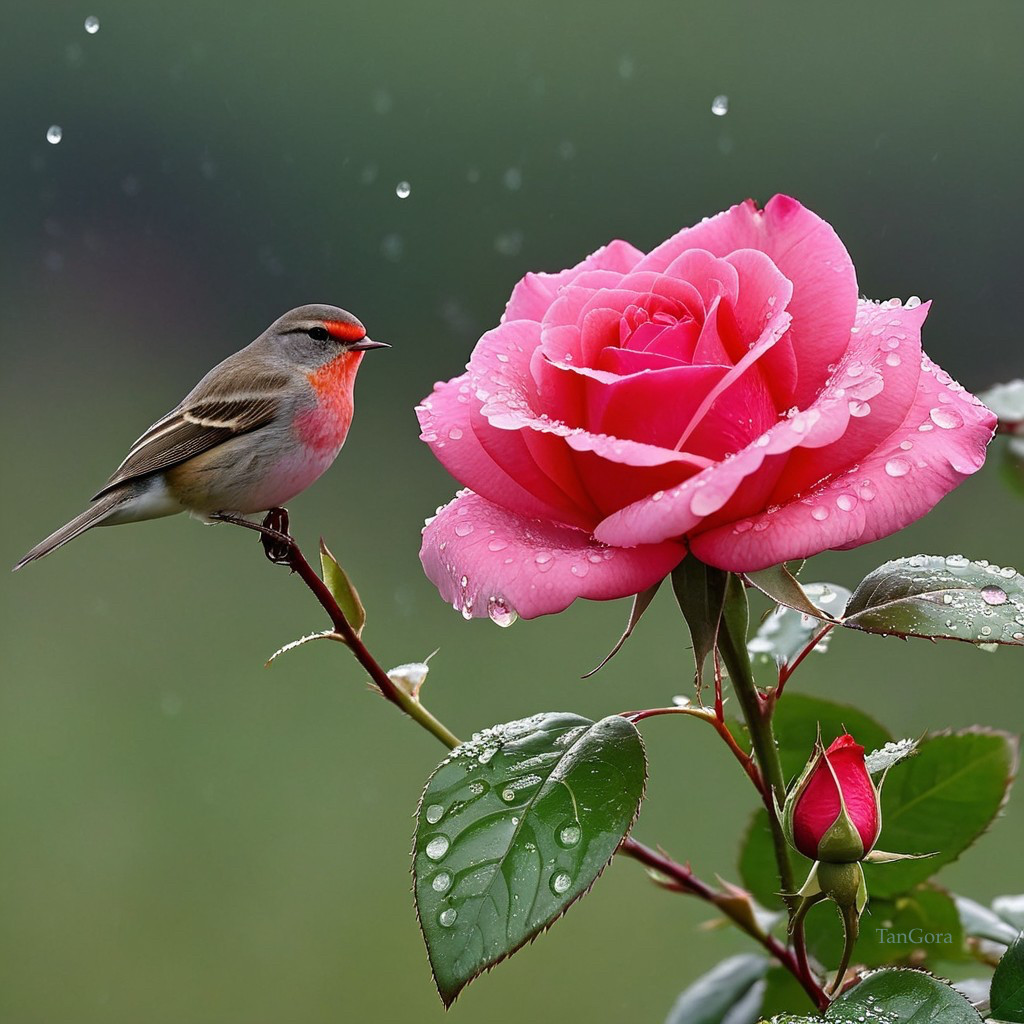 Small bird with red throat beside blooming pink rose
