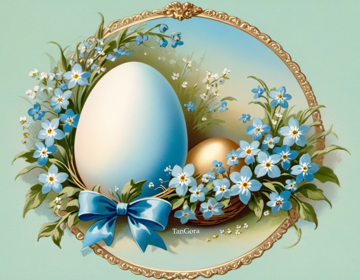 Decorative Round Frame with Blue and Golden Eggs