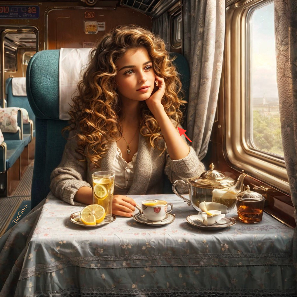 Young Woman Contemplating by Train Window with Beverages