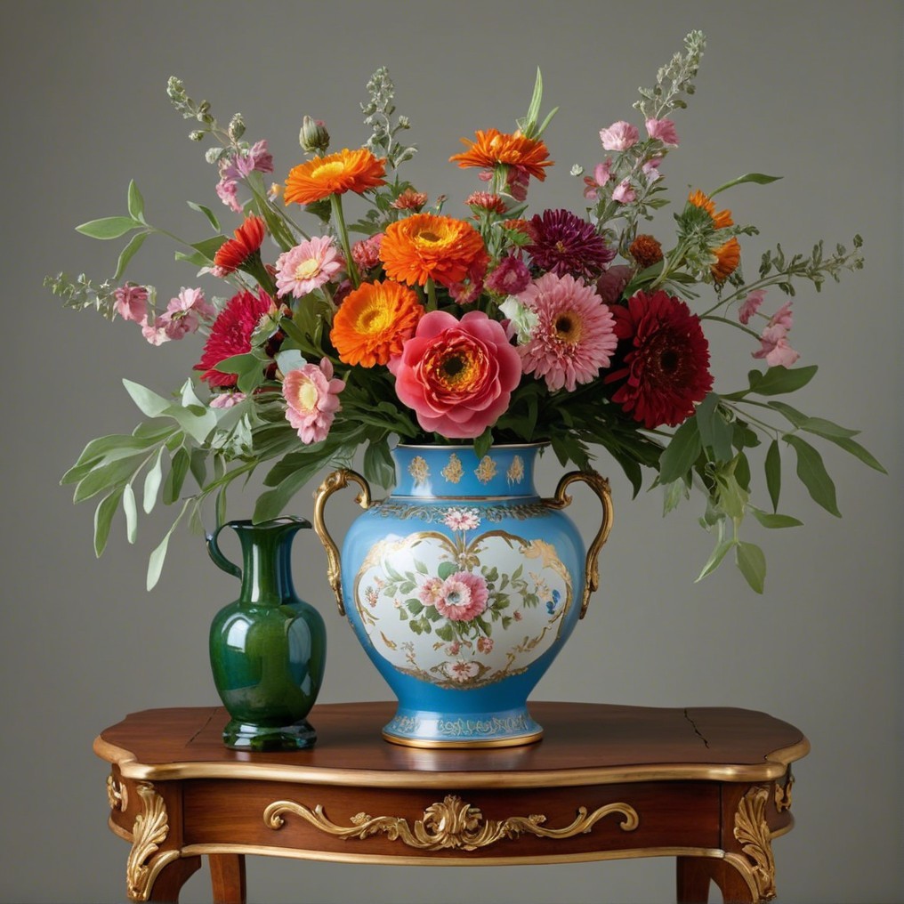 Floral Arrangement in Blue Vase with Greenery Display