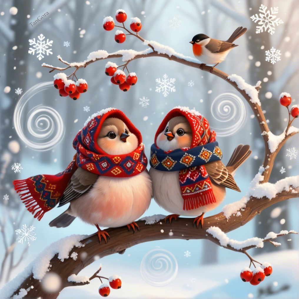 Cheerful birds in winter attire on snowy branch