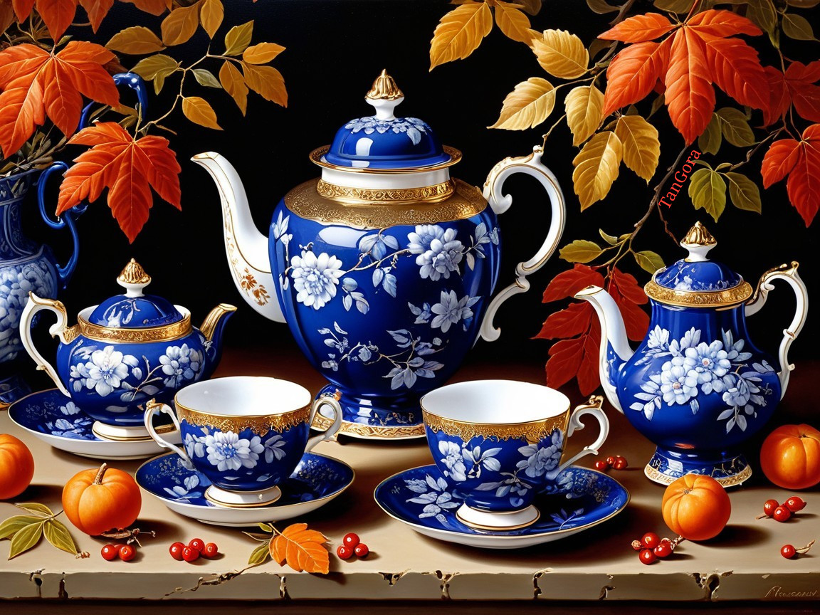 Vintage Blue Porcelain Tea Set with Floral Patterns