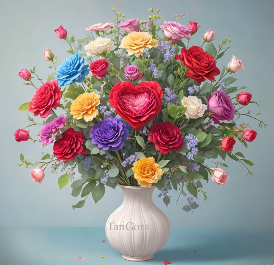 Multicolored Roses in White Vase with Heart Ornament