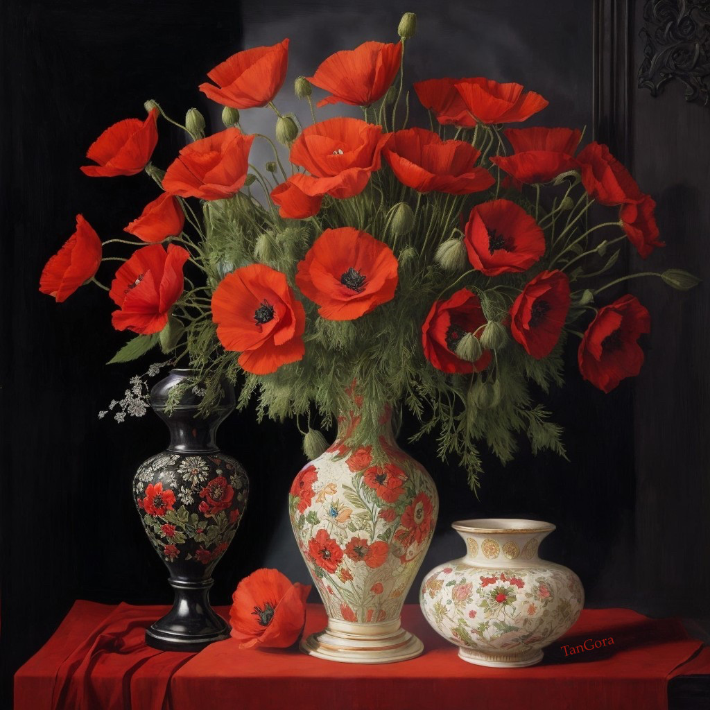 Still Life of Red Poppies in Decorative Vases