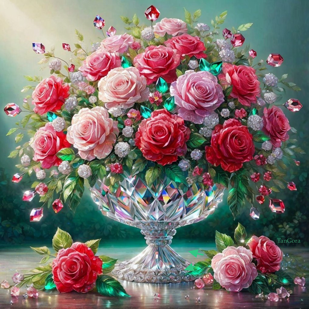 Floral Arrangement of Pink and Red Roses in Crystal Vase