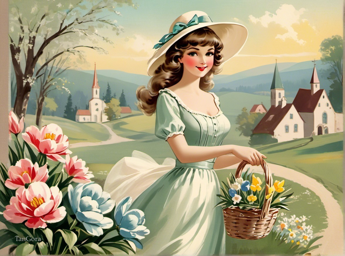 Cheerful woman with flowers in a scenic landscape