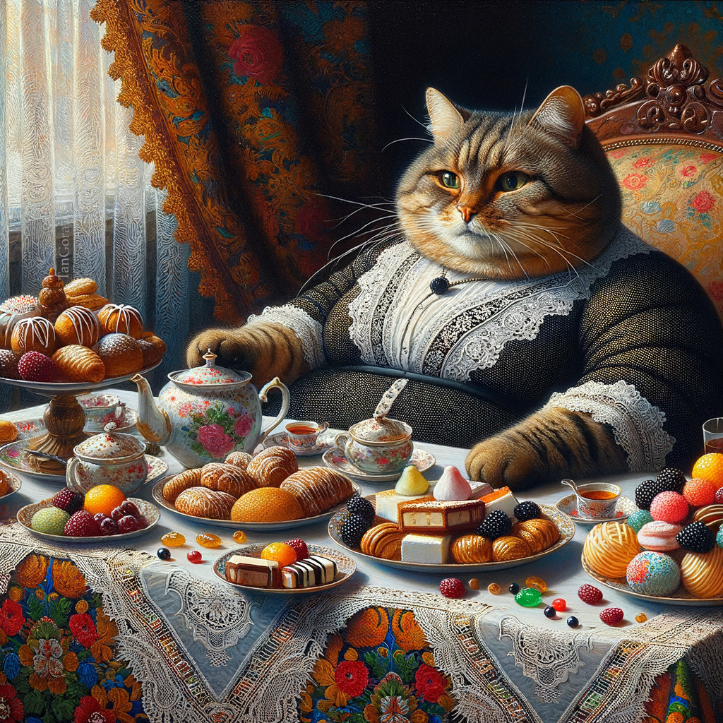 Cozy Tea Party Scene with Cat in Lace Dress