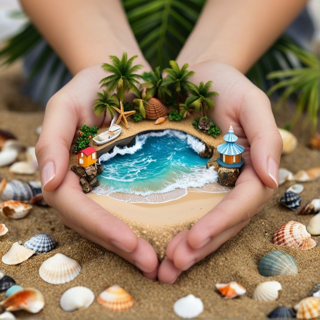 Miniature Tropical Scene with Beach and Palm Trees