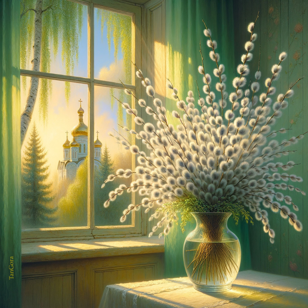 Serene Interior with Willow Catkins and Church View
