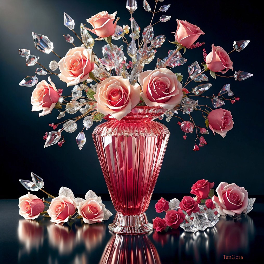 Elegant Pink Roses in Fluted Glass Vase with Crystals