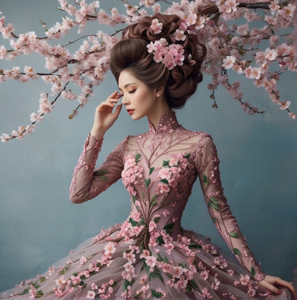 Serene Woman in Floral Gown Among Cherry Blossoms