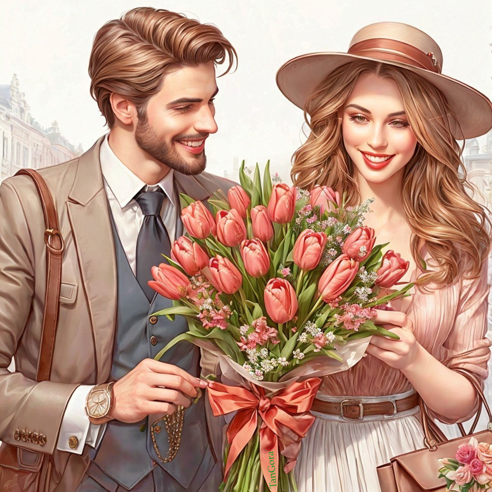 Stylish Couple in Elegant Urban Setting with Flowers