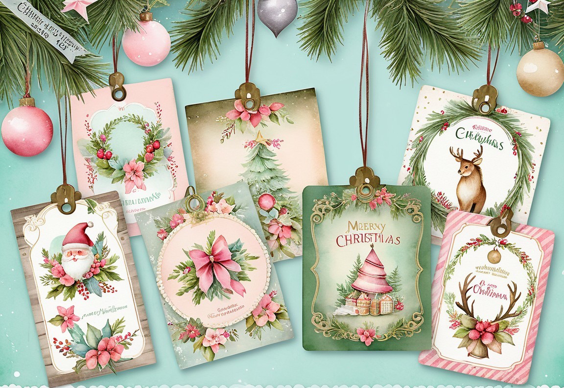 Watercolor Christmas Gift Tags Hanging from Pine Branches