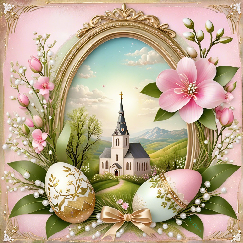 Serene Church Scene with Easter Eggs and Flowers