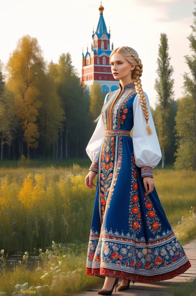 Traditional Russian dress woman in field with braided hairstyle and forest church.
