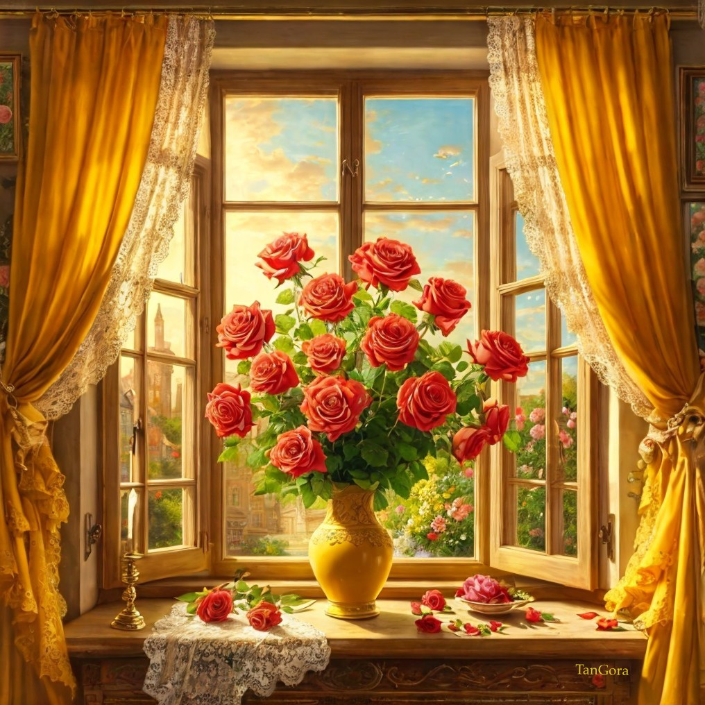 Red Roses in Yellow Vase on Decorated Window Sill
