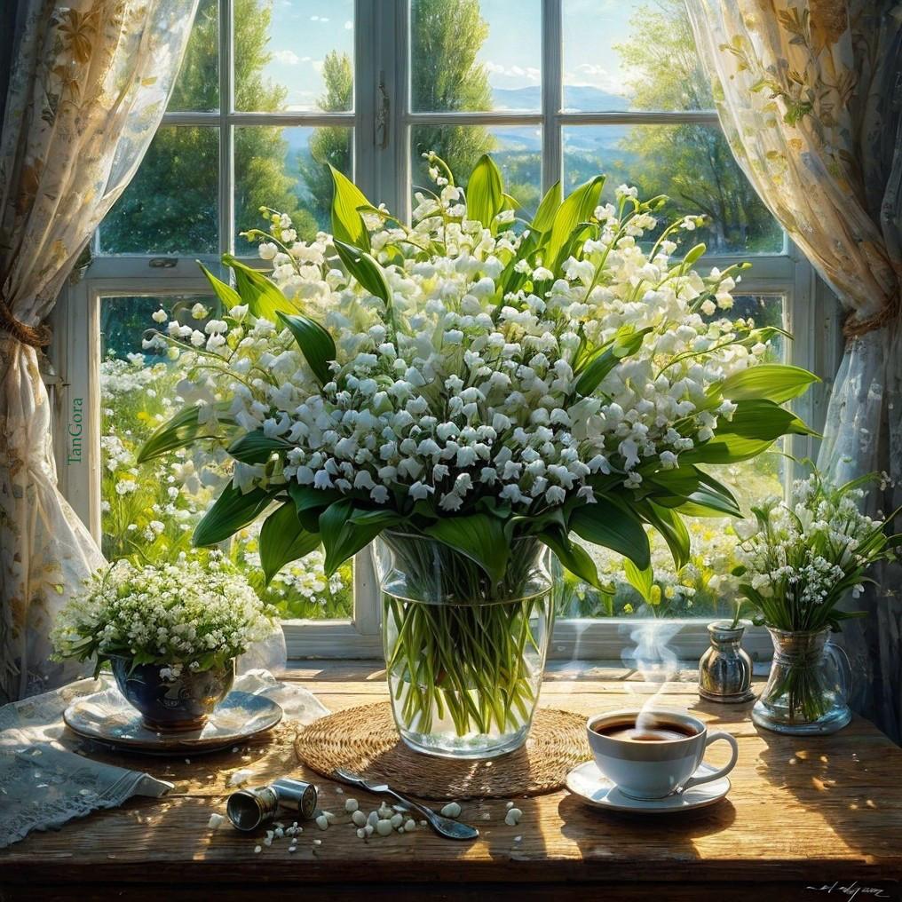 White Lilies in Glass Vase with Scenic Windowsill View
