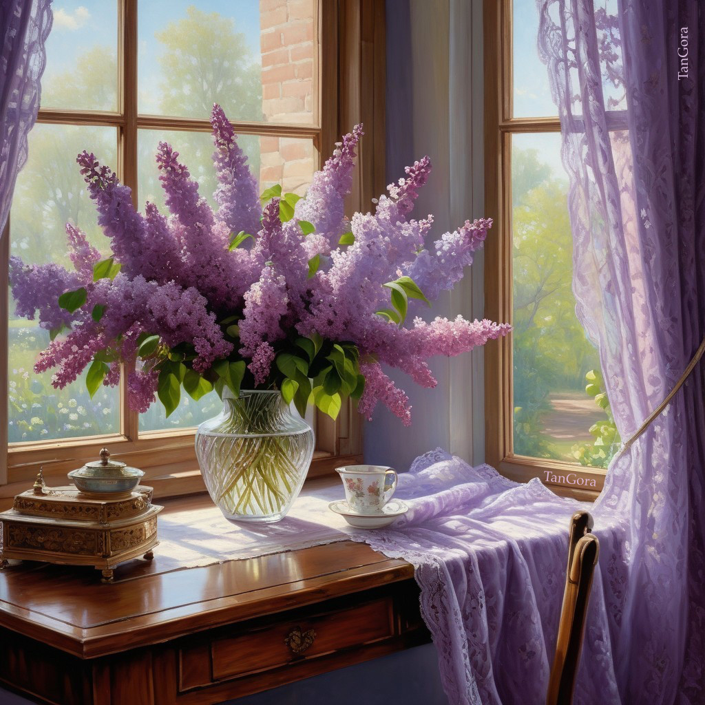 Lilac Bouquet in Glass Vase on Wooden Table