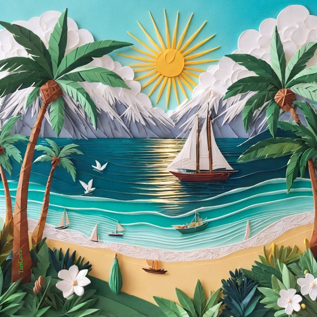 Vibrant Paper Collage of a Tranquil Beach Scene