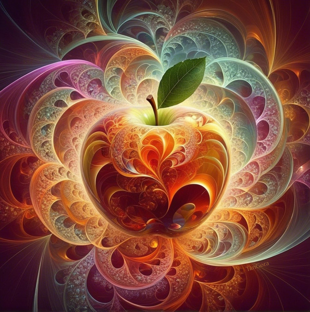 Fractal-Inspired Apple Surrounded by Colorful Patterns