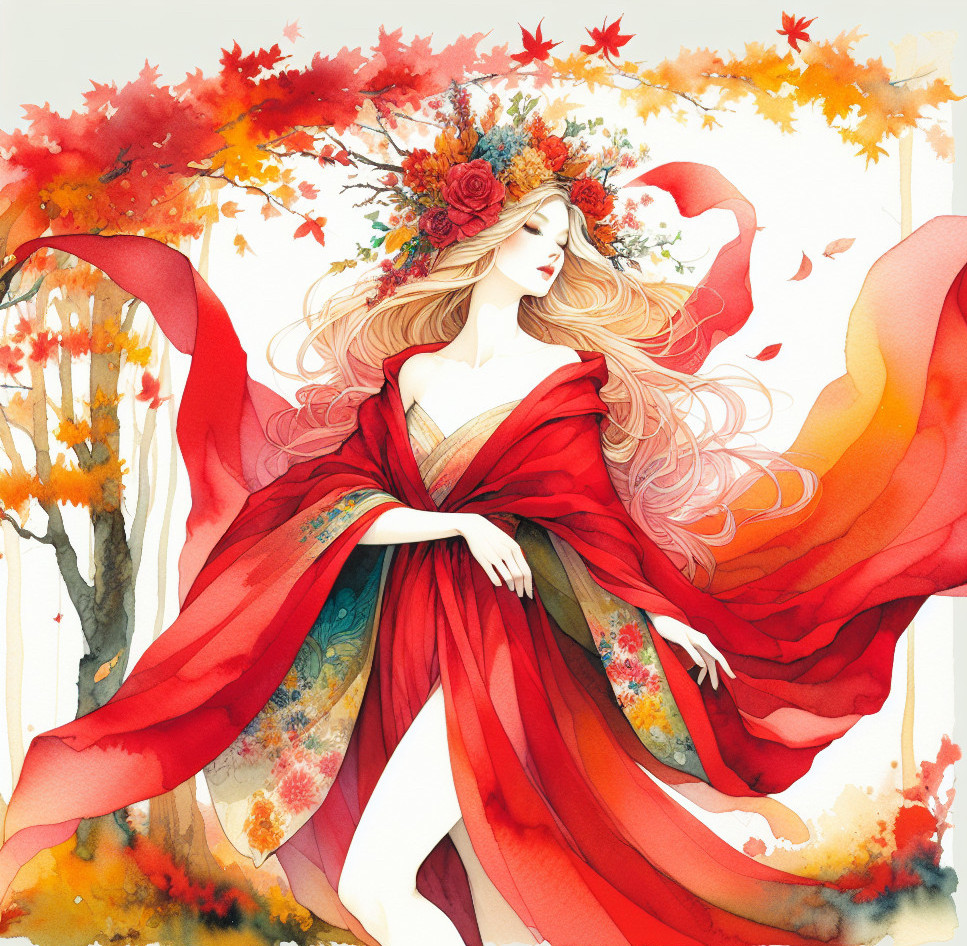 Graceful Woman in Red Robe Among Autumn Foliage