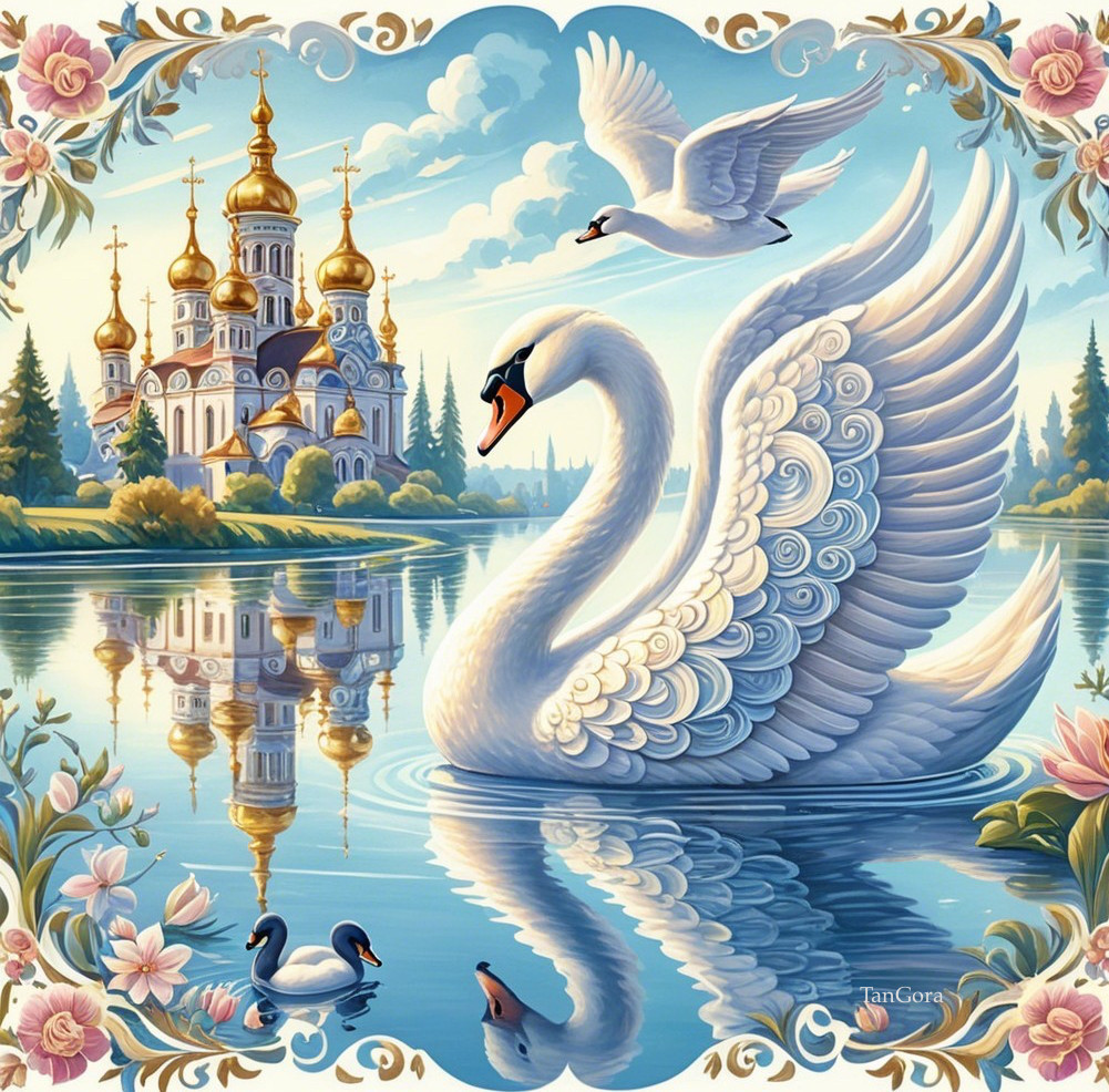 Majestic Swan on Calm Waters with Church Background