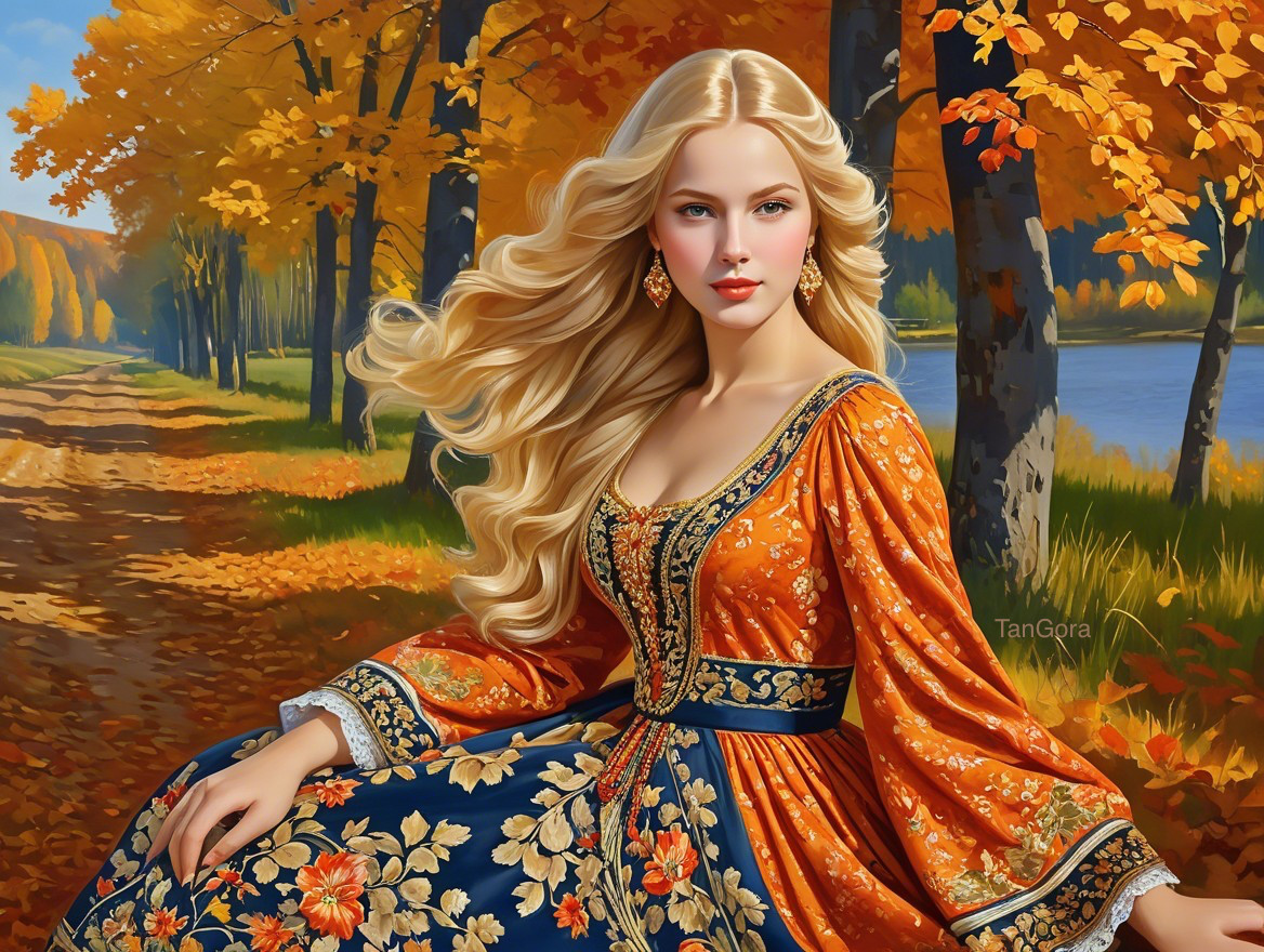 Elegant Woman in Colorful Gown by Serene Lake