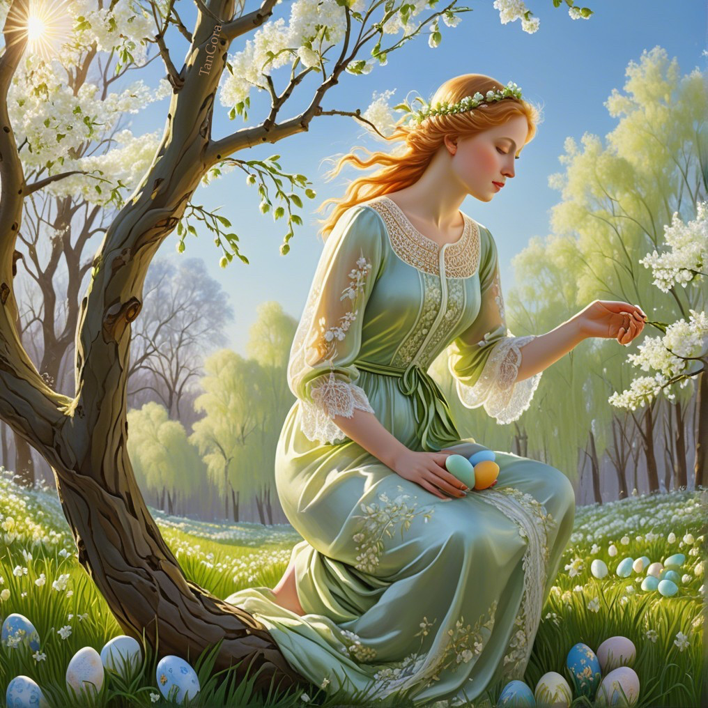 Young Woman in Pastel Gown by Blossoming Tree