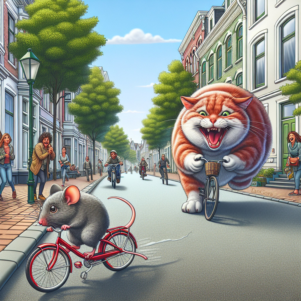 Whimsical Scene of Mouse and Cat on Bicycles