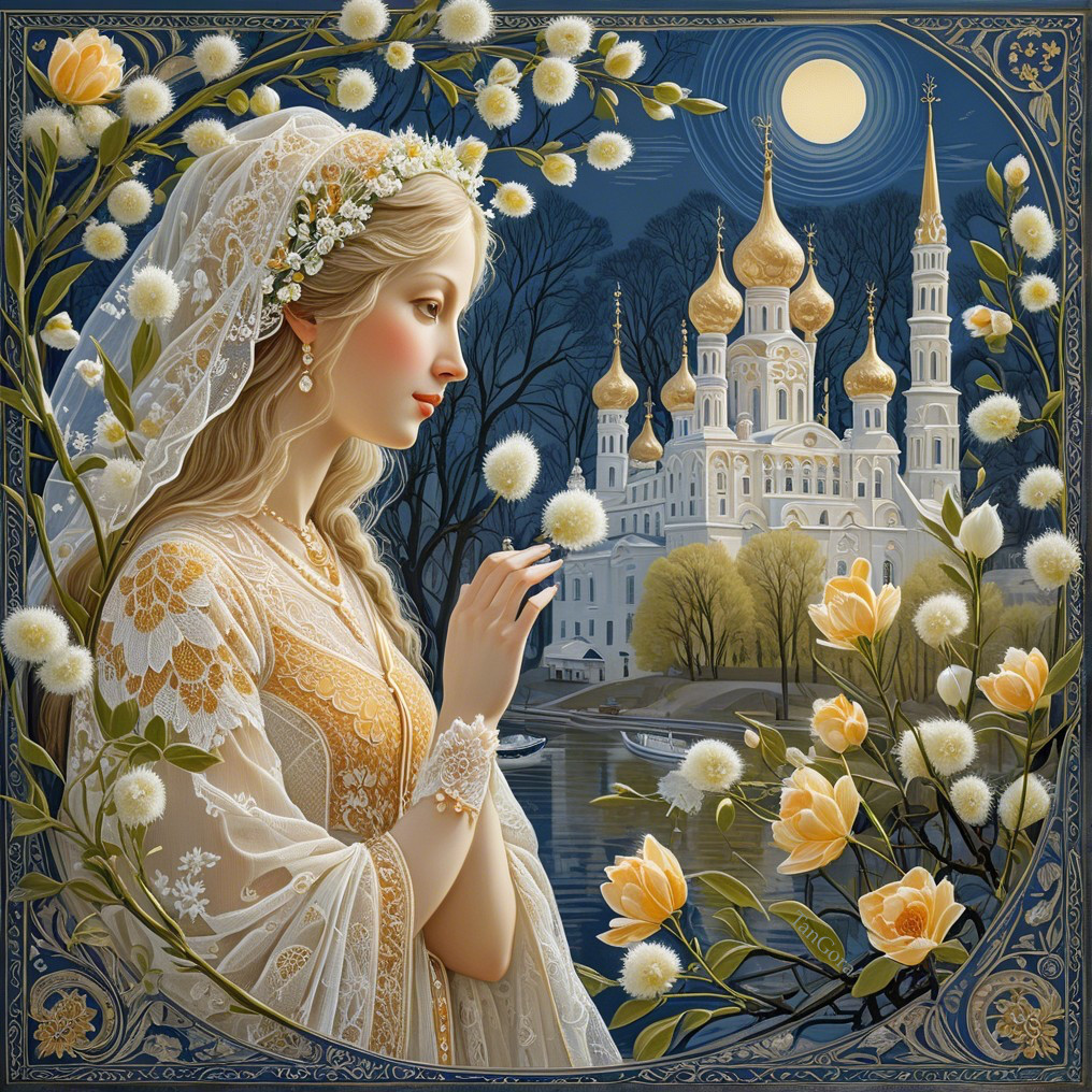 Serene Woman in Gown by Moonlit Castle Scene
