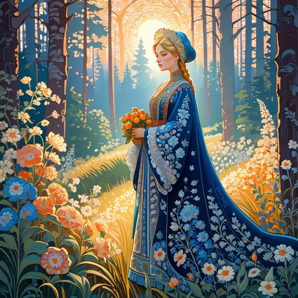 Woman in Blue Gown Surrounded by Vibrant Forest Glade
