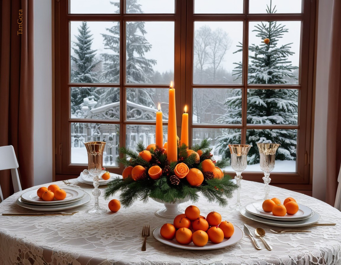 Festive Dining Table with Oranges and Winter View