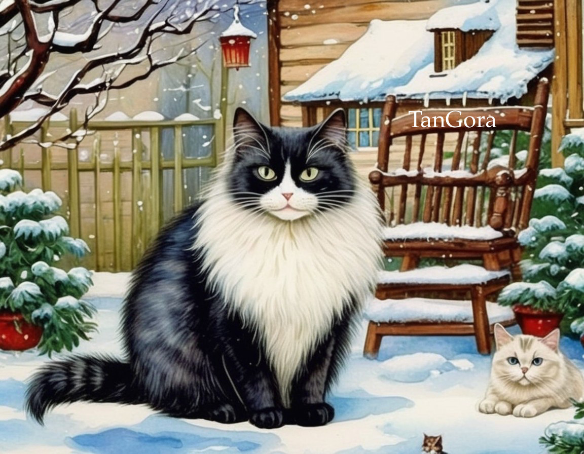 Fluffy Black and White Cat in Snowy Yard Setting