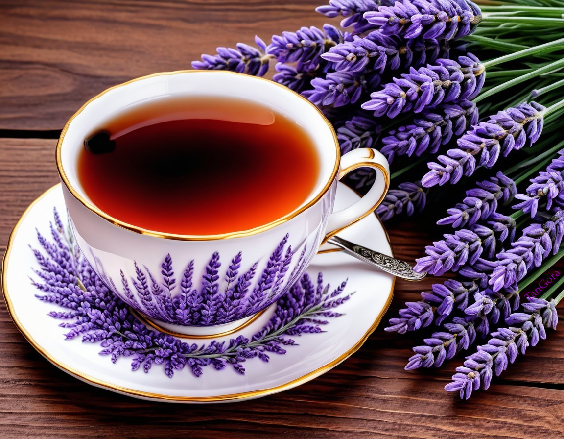 Porcelain Cup with Lavender Motifs and Fresh Sprigs