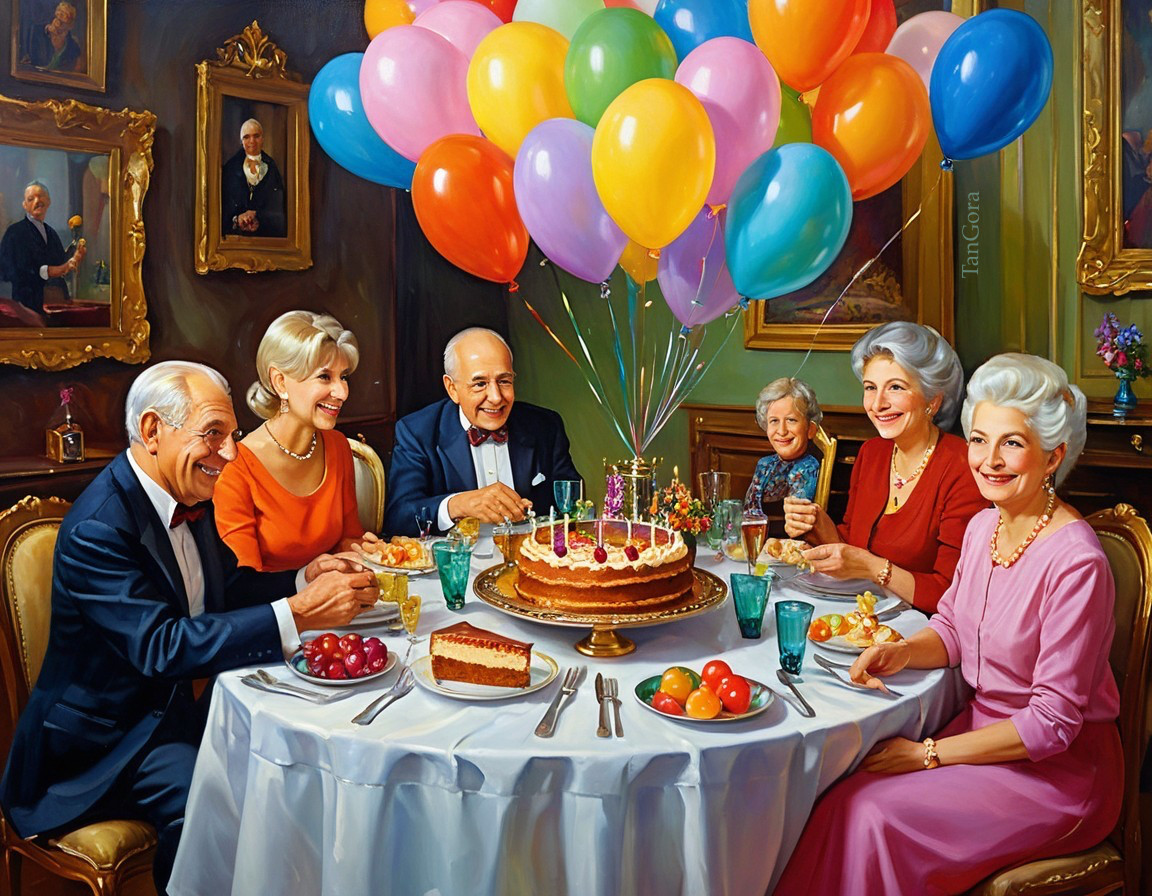 Elegant Birthday Celebration with Colorful Cake and Guests
