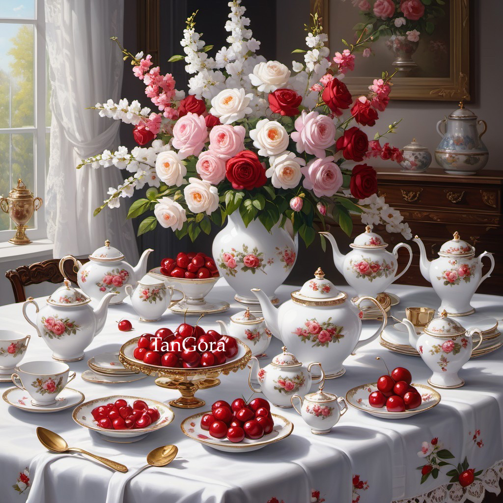 Elegant tea set with floral bouquet, cherries, and "FanGora" label in classic