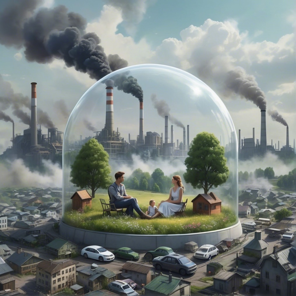 Family in Tranquil Dome Amidst Urban Pollution