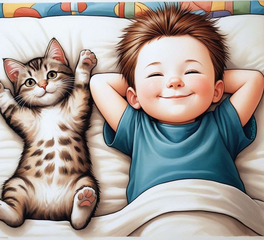Child and Tabby Cat Relaxing on a Colorful Bed