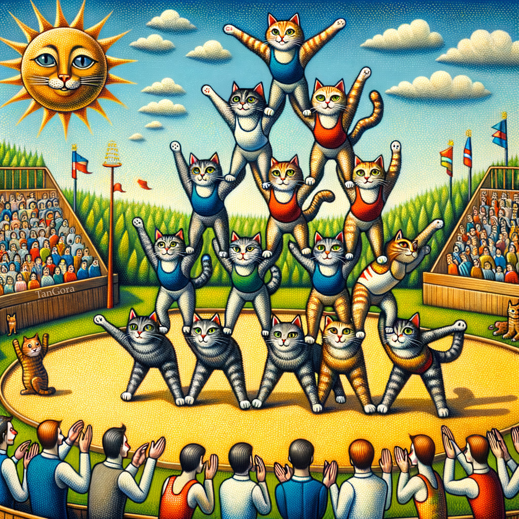 Acrobatic Cat Pyramid in a Cheerful Arena Scene