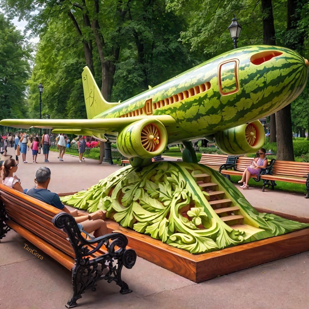 Whimsical Airplane Sculpture Resembles Watermelon