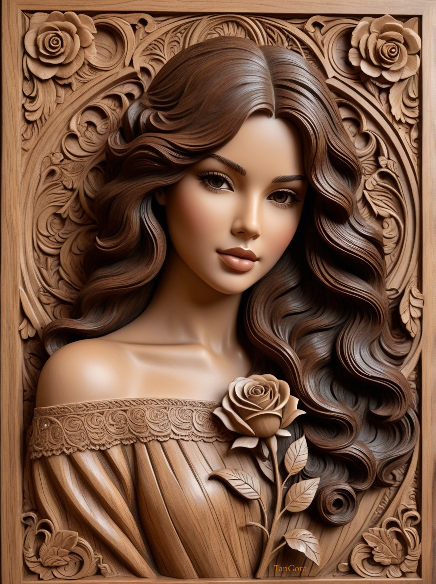 Wooden Relief Sculpture of a Serene Woman with Flowers