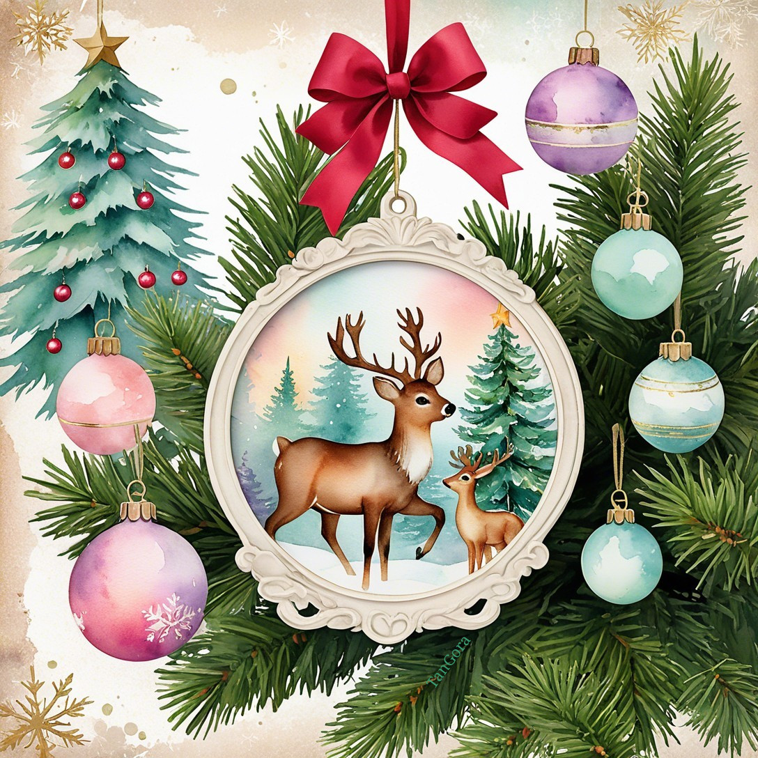 White Christmas Scene with Deer and Decorated Tree